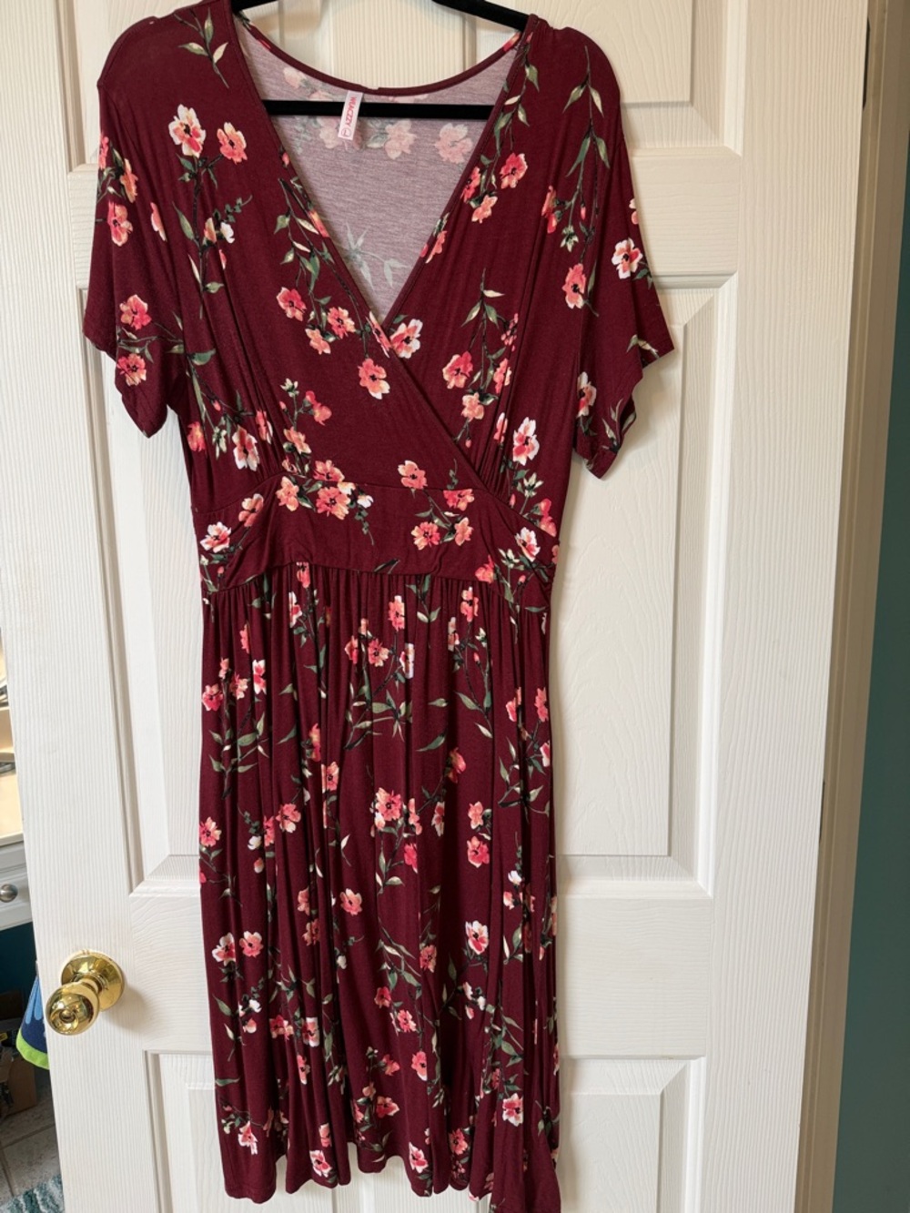 Women’s Floral Wrap Midi Dress in Burgundy